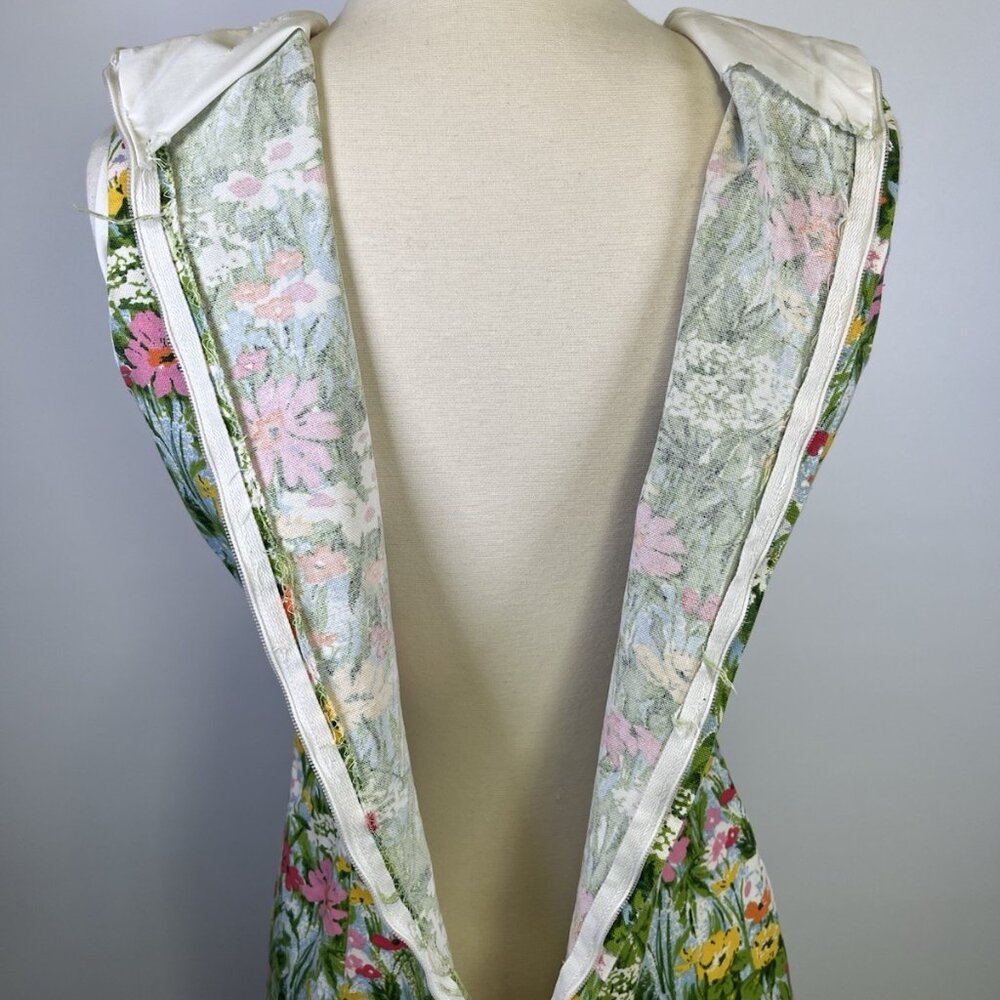 Vintage 60s Shift Mod MCM Floral Dress Green Spring Sleeveless Retro Sundress - Picture 9 of 10